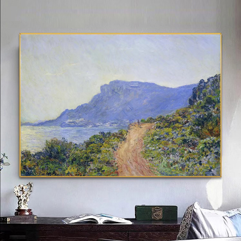 莫奈滨海路手绘油画丙烯画印象派北欧客厅装饰画风景油画玄关挂画图片