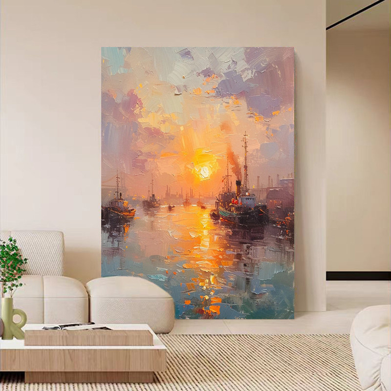纯手绘油画旭日东升海景印象画客厅装饰画大芬村现代简约玄关挂画