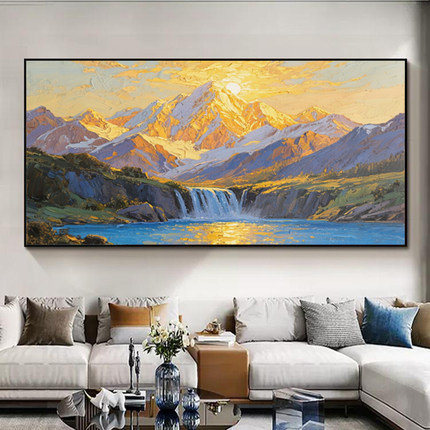 纯手绘油画日照金山聚宝盆流水生财印象挂画客厅餐厅卧室手工挂画