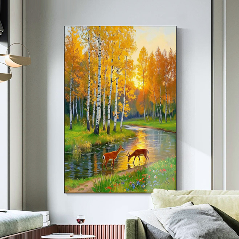 手绘油画家写实林中鹿风景印象画大芬村温馨书房玄关装饰画客厅画图片