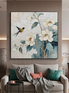 纯手绘油画福瑞盈枝报喜鸟国风素雅风挂画肌理感客厅书房艺术挂画