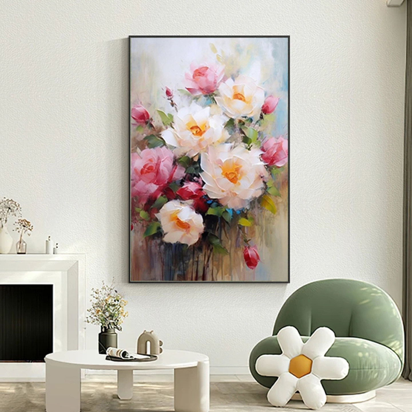 手绘油画盛世花颜玄关装饰挂画
