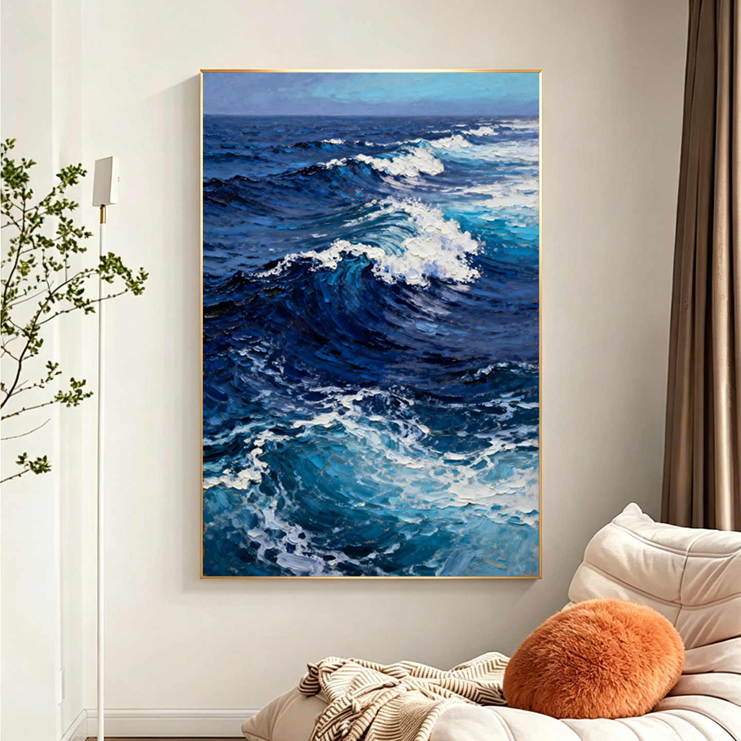 手绘油画竖版海浪海景玄关装饰画