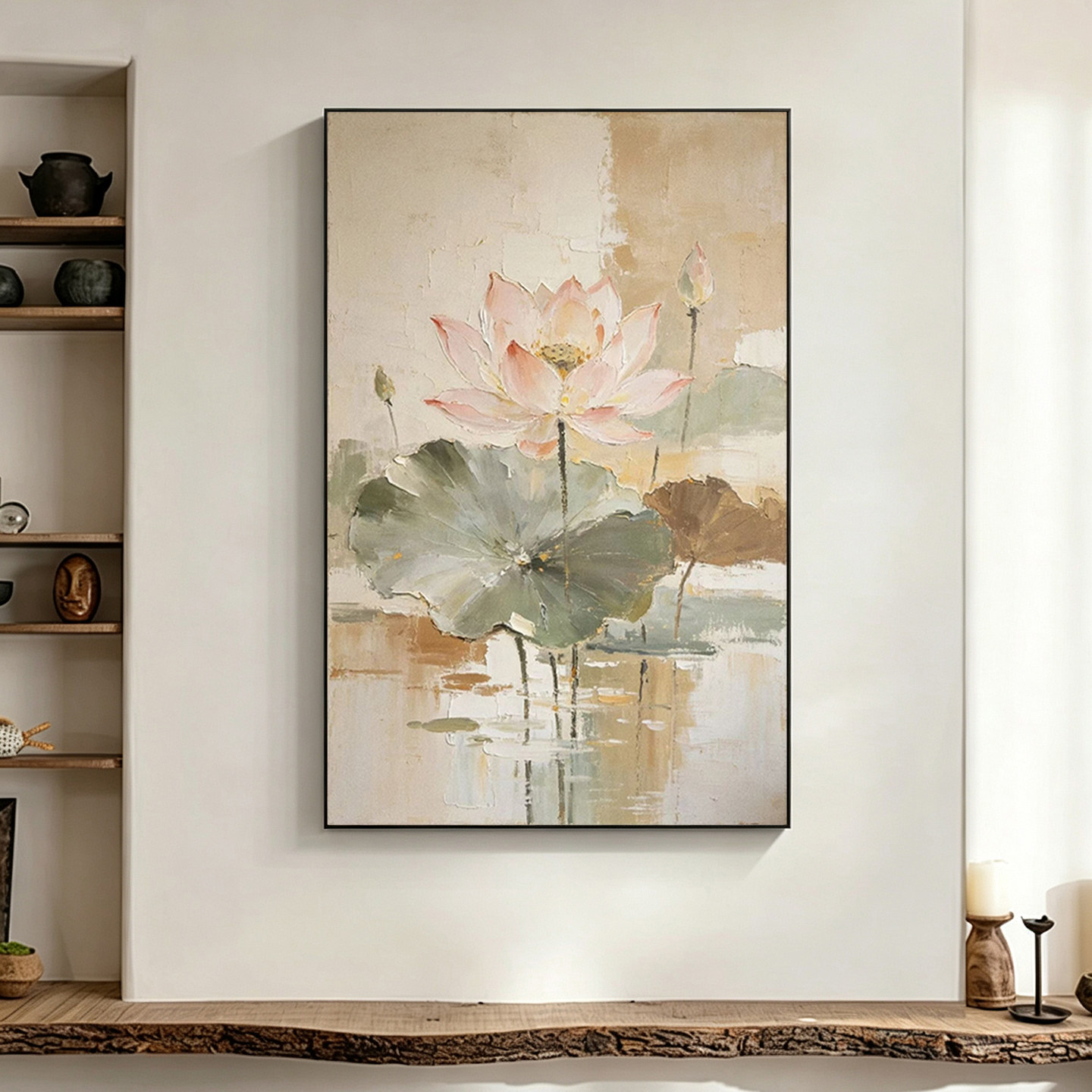 可班手绘油画清莲呈瑞玄关装饰画