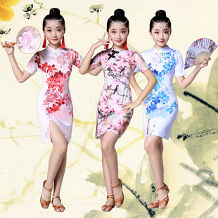 少儿拉丁舞比赛演出服 中袖旗袍式舞蹈表演 女孩中大童复古连衣裙