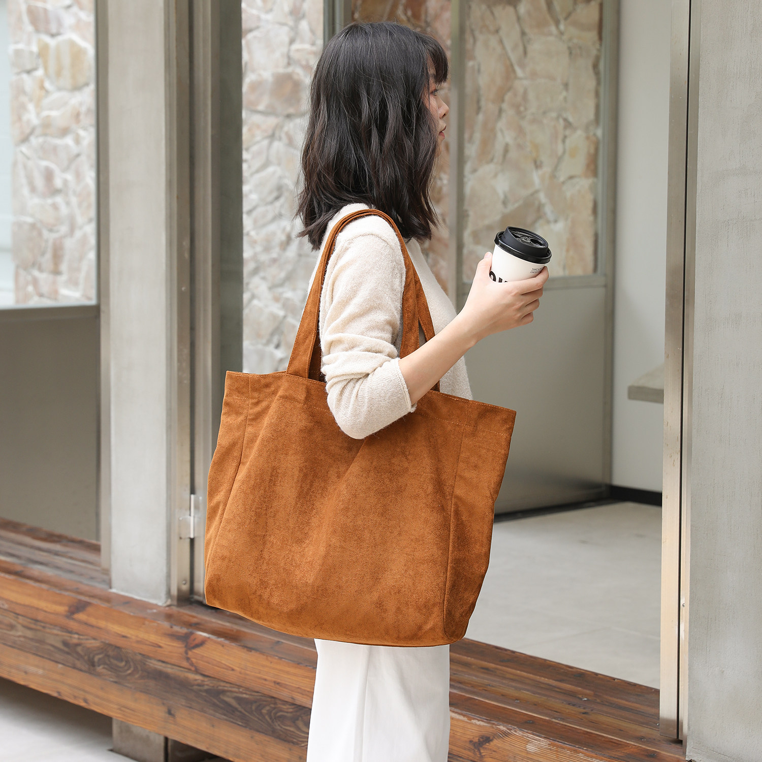 慵懒风棕色帆布包大容量通勤单肩手提包2026秋冬学生绒布托特包袋,箱包皮具/热销女包/男包,托特包,淘宝优惠券,粉丝福利购,淘宝优惠卷