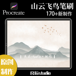procreate笔刷山脉云雾光点飞鸟建筑景观立面图山云飞鸟配景笔刷