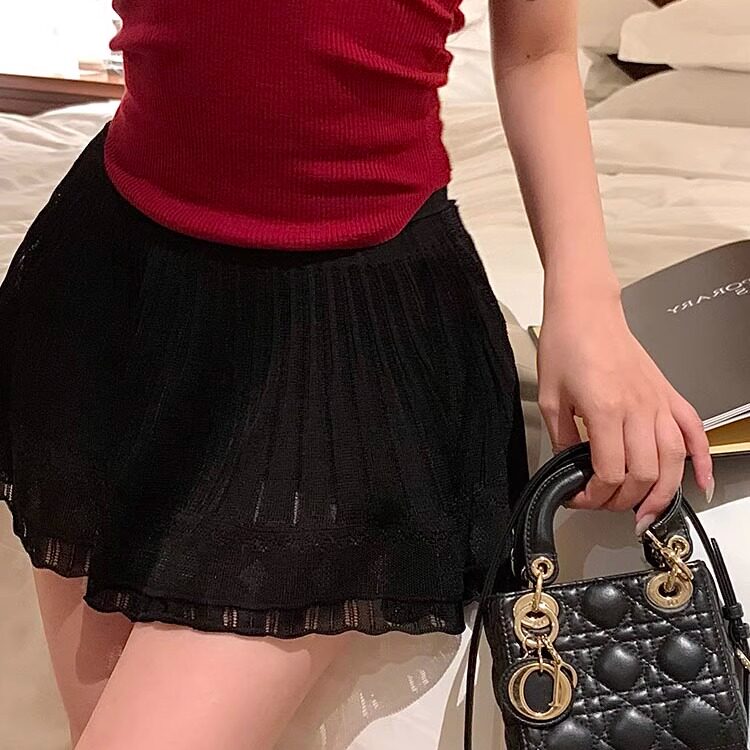 【现货】黑色百搭短裙女镂空提花花边下摆带底裤针织伞裙半身裙