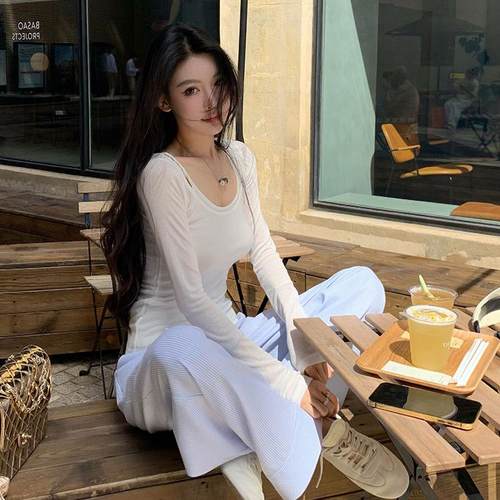 秋季新款温柔两件套女真两件天丝羊毛吊带T恤条纹休闲裤