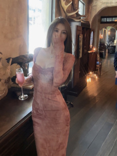NINASTUDIO【复古咖啡店】定制印花 背后绑带连衣裙