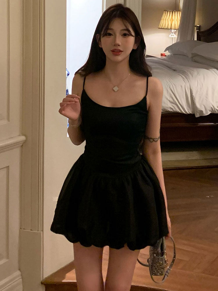 夏季新款小黑裙女醋酸拼接双层欧根纱带安全裤连衣裙