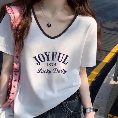 时尚韩版纯棉V领短袖上衣女