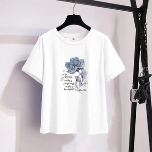 外贸出口欧洲站100%纯棉圆领上衣夏季 T恤女 文艺字母印花胖mm短袖