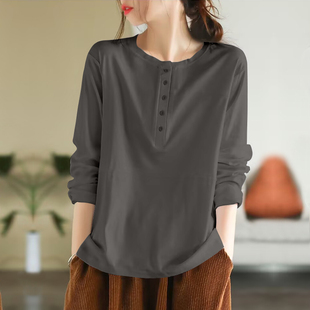 清仓捡漏~纯棉t恤女新款长袖春秋内搭打底可外穿宽松文艺大码上衣