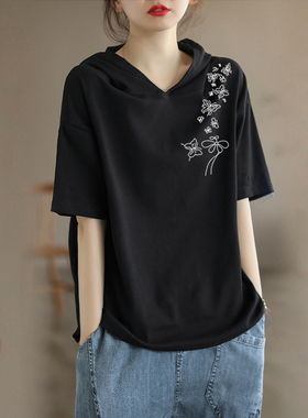 夏季韩版休闲连帽纯棉短袖t恤女文艺宽松显瘦百搭遮肉气质上衣潮