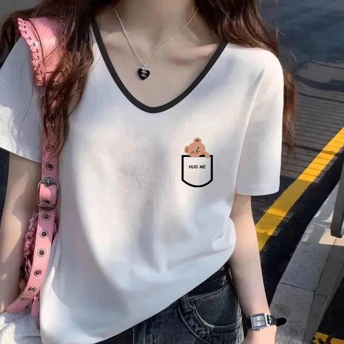 纯棉大码显瘦V领拼色印花上衣