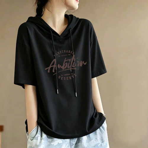 纯棉短袖连帽女士t恤上衣夏季