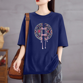 外贸品牌折扣纯棉圆领宽松休闲夏季 印花上衣文艺减龄女士T恤 新款