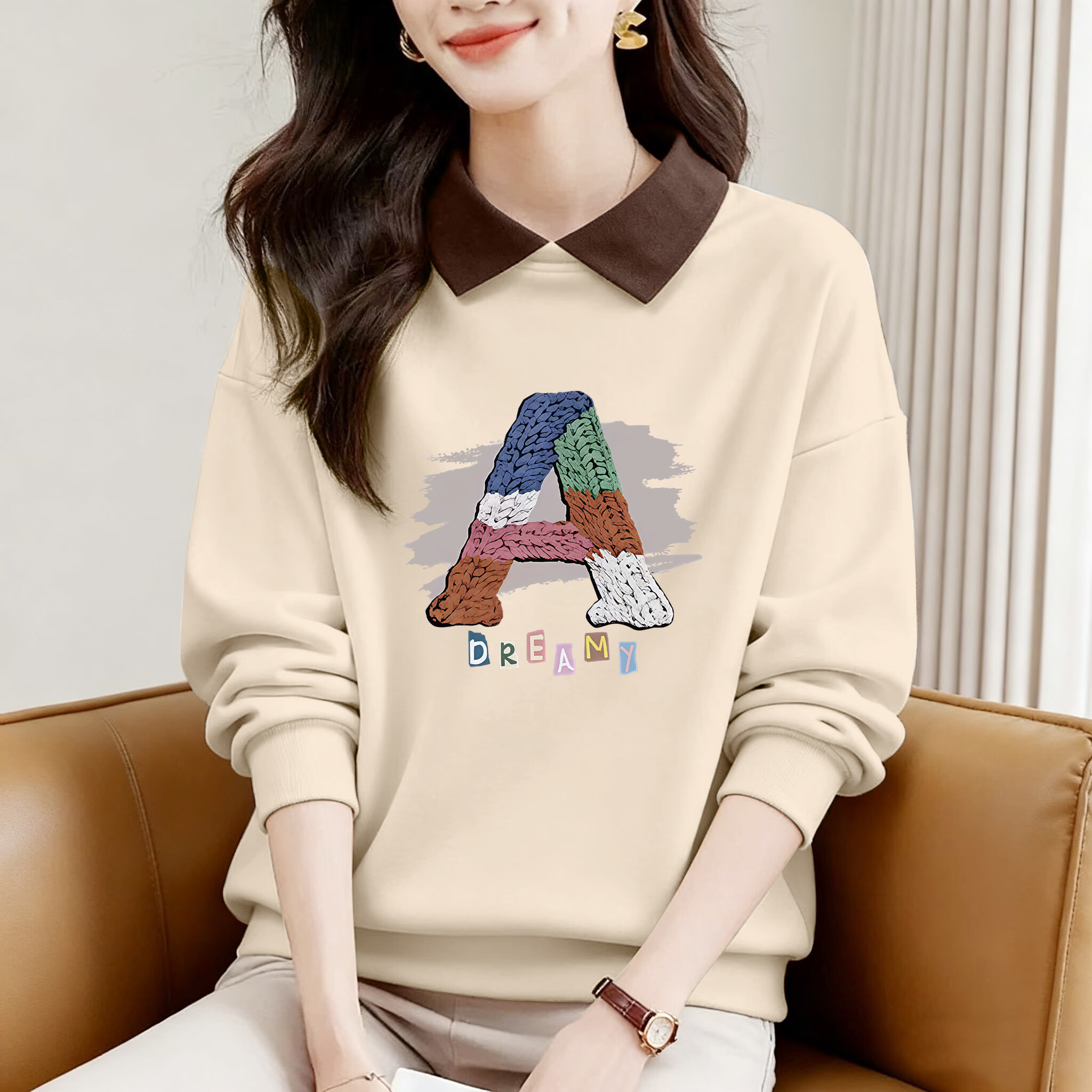 仓翻领纯棉印花卫衣秋冬