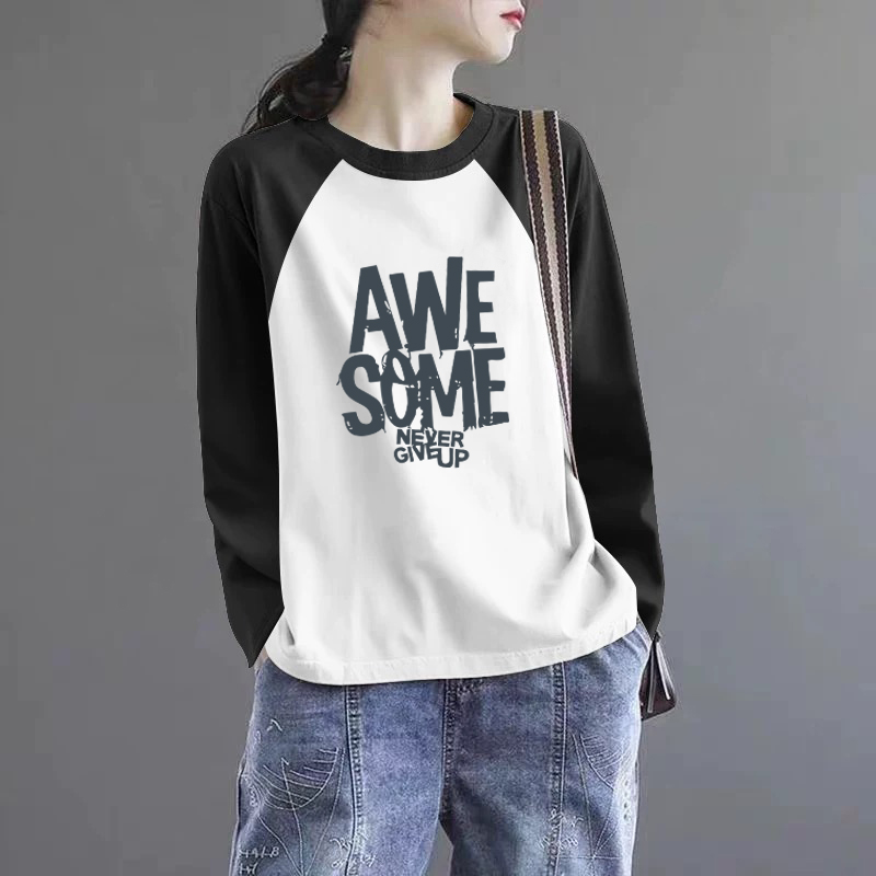 纯棉圆领撞色长袖T恤上衣女