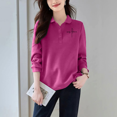 纯棉polo领长袖衬衫体恤女秋冬