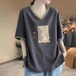 清仓折扣100%纯棉2025年春季印花V领上衣宽松气质显瘦短袖T恤女