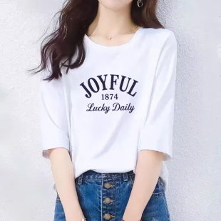 新品 印花T恤夏季 休闲洋气百搭显瘦上衣 纯棉中袖 外贸出口清仓女装