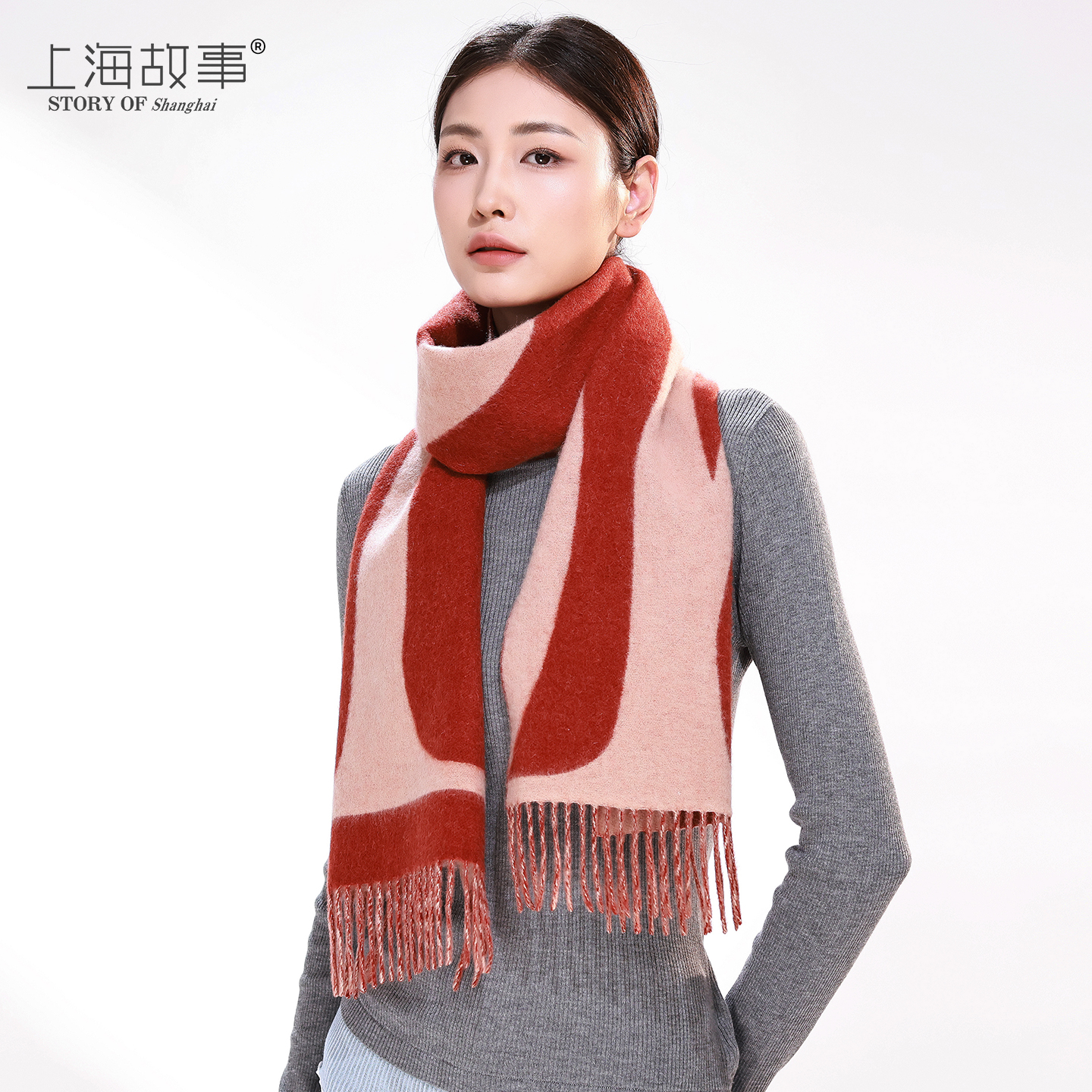 上海故事秋冬羊毛围巾女送妈妈酒红色洋气英伦风双面印花羊绒围脖
