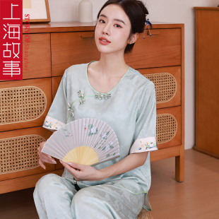 上海故事睡衣女春夏新款 睡衣带胸垫家居服 新中式 提花盘扣冰丝短袖
