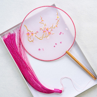 桃花挽月舞扇子长流苏国风古典舞圆扇刺绣花团扇跳舞桃花扇子定制