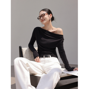酒窝定制 黑色长袖一字肩褶皱天丝羊毛T恤女2026春秋新款收腰上衣