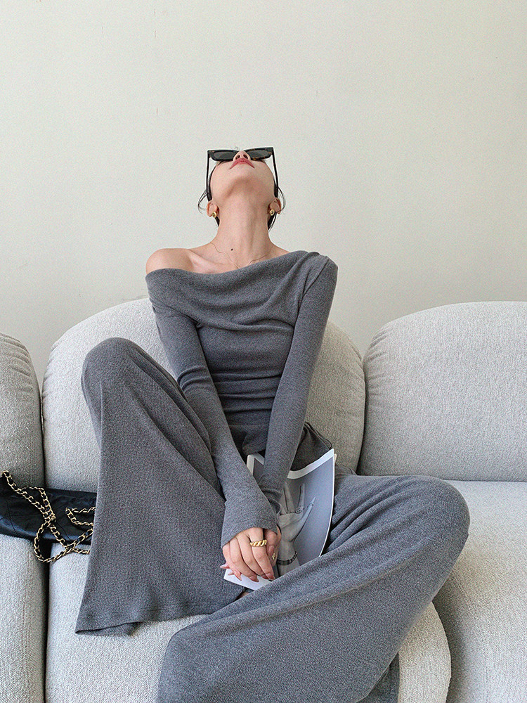 여성용 JWUNIQUE 그레이 투피스 슈트 2024 가을 겨울 원 숄더 불규칙 탑 하이 웨이스트 와이드 레그 팬츠 바지