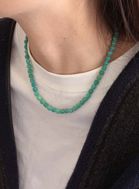 小众设计师民族风方形串珠项链绿松色项链复古叠戴气质显白锁骨链
