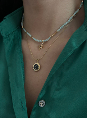 法式复古双层菱形黑色字母吊坠项链气质叠戴毛衣链复古锁骨链时尚