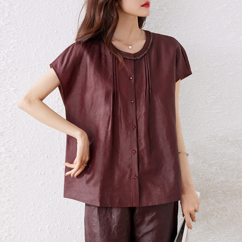 大码宽松妈妈装桑蚕丝红云纱短袖上衣女中老年百搭真丝香云纱衬衫