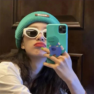 iphone14promax手机壳硬 情侣可爱创意个性搞怪丑萌滴胶支架卡通恐龙夏天冰激凌ins女款简约蓝色苹果13保护套