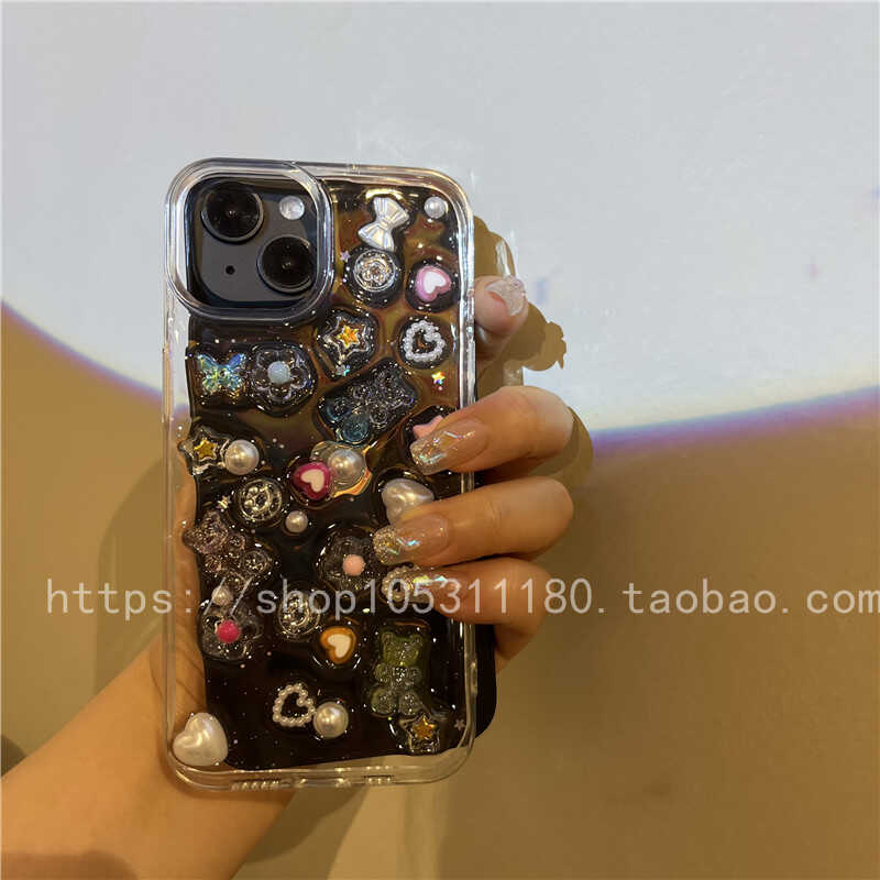 iphone13手机壳ins立体滴胶仙气感彩色宝石小熊韩系ins风高级感透明小众女款夏天新款苹果15promax保护套