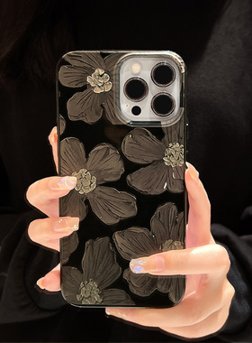 ins花朵苹果13手机壳小清新复古奢华油画夏天女款潮牌黑色硅胶创意个性高级感冷淡风iphone14promax保护套