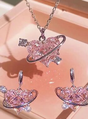 Y2K Crysal Pink Hear Necklac Earring Se Fashion Kpop Shiny C