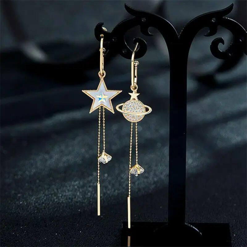 New Fashion Penagram Asymmeric Long Tassel Earrings for Wome