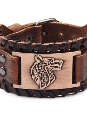 Vintage viking couro tran?ado pulseira para homem celta lobo
