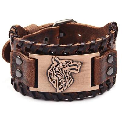 Vintage viking couro tran?ado pulseira para homem celta lobo