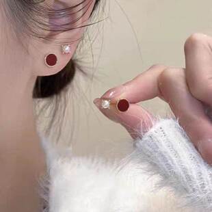 earrings feel覆古耳针 Vintage round light luxury red with