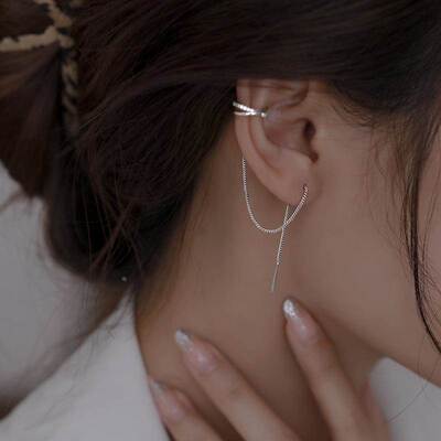 Korean Silver Color Cross Clip Earrings Chain Tassel Line fo