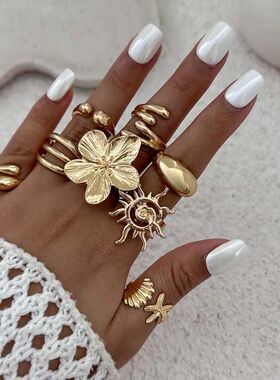 Vintage Gold Color Shell Flower Open Rings Set for Women Exa