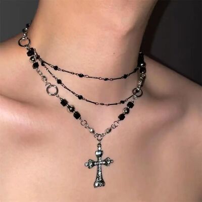 Punk Hiphop Black Cross Pendan Necklace for Men Women Y2K Go