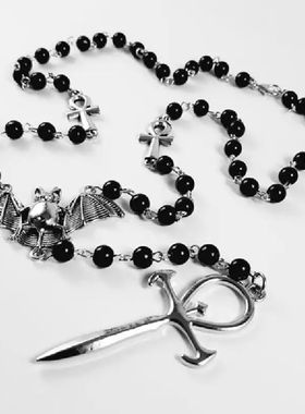 Vampire Ankh Rosary Occult Vamp Bead Necklace Goth Punk Bat