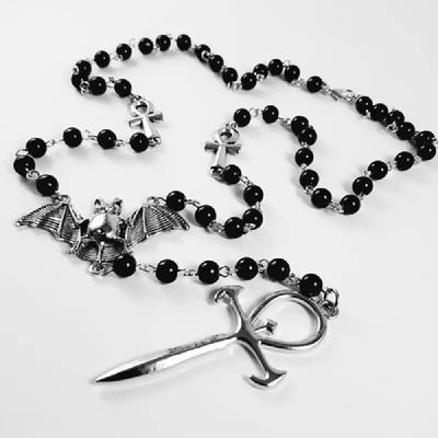 Vampire Ankh Rosary Occult Vamp Bead Necklace Goth Punk Bat