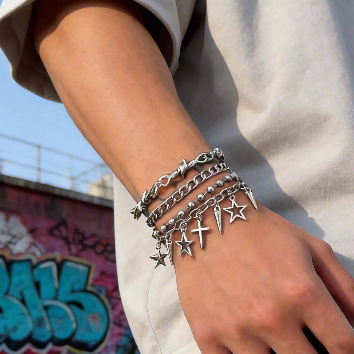 4Pcs/Se Punk Cross Rive Sar Pendan Bracele for Men Women Hip