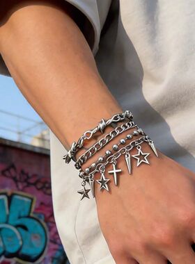 4Pcs/Se Punk Cross Rive Sar Pendan Bracele for Men Women Hip